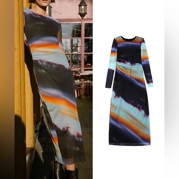 Zara Mesh Long Sleeve Sunset Drape Long Summer Gradient Dress Medium - Picture 3 of 7